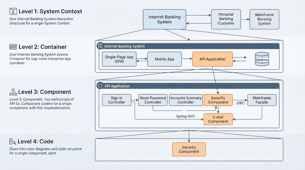 Infographic illustrating the four hierarchical levels of the C4 model including System Context, Containers, Components, and Code architecture.