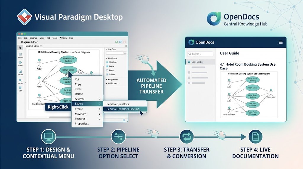 Step-by-step workflow flowchart showing the process from right-clicking inside a Visual Paradigm desktop diagram, selecting export options, to automatically publishing to the OpenDocs pipeline.