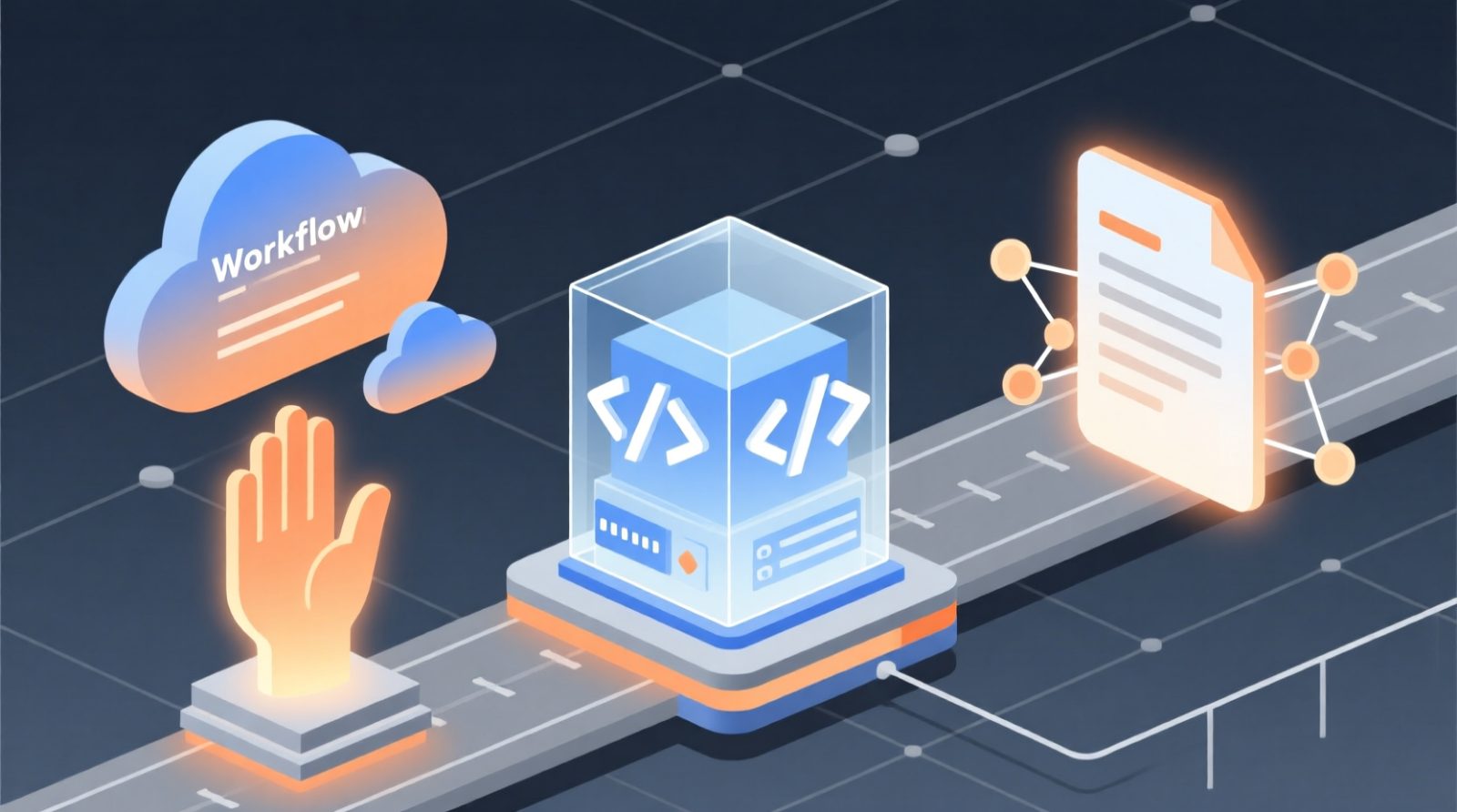Futuristic workflow pipeline showing hand gesture, code processing server, and connected document icon for UML architecture stack.