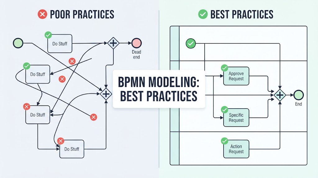 An infographic comparing 'Poor Practices' (cluttered, crossing lines, ambiguous names) versus 'Best Practices' (clean layout, straight lines, clear action names) in BPMN modeling.