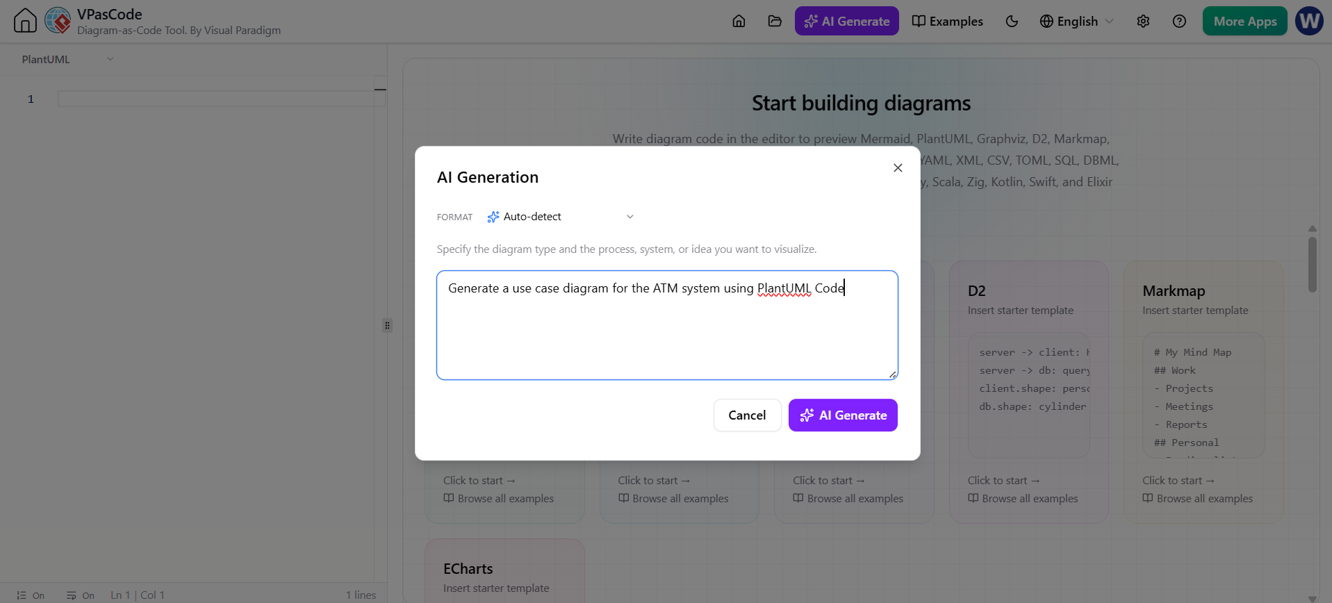 Using AI to Generate PlantUML Code Diagrams