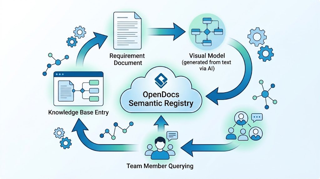 A modern infographic illustrating the dynamic semantic indexing of visual artifacts within the OpenDocs platform, where generated visual models are cataloged for instant contextual retrieval by teams.