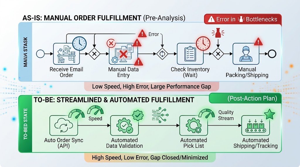 Comparative BPMN process workflow diagram illustrating manual As-Is order entry versus automated To-Be middleware integration.