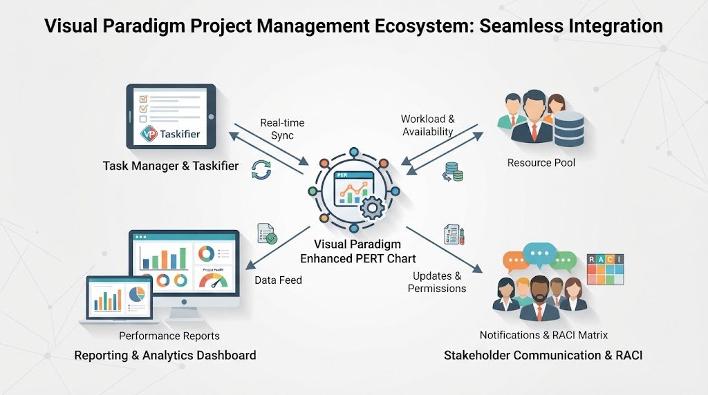 Infographic showing how Visual Paradigm's Enhanced PERT Chart integrates with other tools, such as Task Managers, resource databases, and reporting engines.